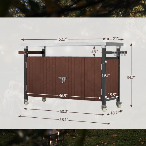Outdoor Grill Cart With Stainless Steel Tabletop, Storage, Patio Kitchen Island With Wheels, Hooks, And Spice Rack, Waterproof Outdoor Grill Tabl