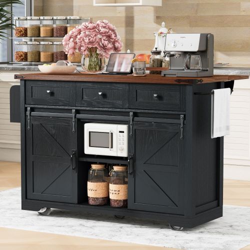 53.7" Farmhouse Kitchen Island with Power Outlet, 2 Sliding Barn Door Kitchen Storage Island with Drop Leaf, Spice Rack Rolling Kitchen Cart on W