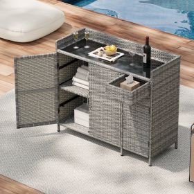 47.5"W Wicker Outdoor Storage Cabinet with Tempered Glass Desktop, Weather-proof Rattan Bar Table with Three Doors, Adjustable Shelf, and One Dra (Color: Grey, Material: Rattan+Metal)